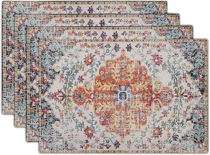 Boho Carpet Placemats Set of 4 Vintage Orange Blue Ethnic Bohemian Floral Carpet Linen Washable Kitchen Dining Table Mats Stain Heat-Resistant Desktop Decor Place Mats for Home Party Indoor 12x18 in