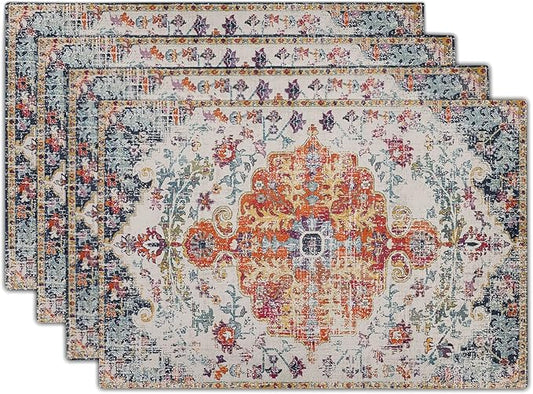 Boho Carpet Placemats Set of 4 Vintage Orange Blue Ethnic Bohemian Floral Carpet Linen Washable Kitchen Dining Table Mats Stain Heat-Resistant Desktop Decor Place Mats for Home Party Indoor 12x18 in