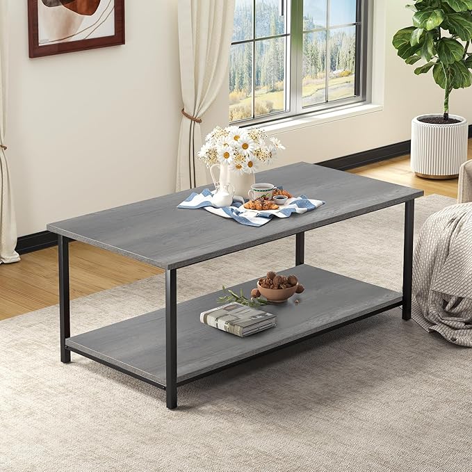 SENIG 2-Tier Coffee Table with Storage Shelf for Living Spaces, Grey Oak Rectangle Wood and Sturdy Metal Side End Table, Functional Center Table for Living Room, 39.3 x 20 x 16