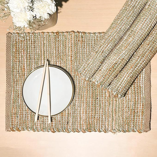 Chardin home | Natural Jute Placemats Set of 4 | 13x19 Inch. Rustic Farmhouse Place mats | Table mats Colors - Natural Jute and Sage Green