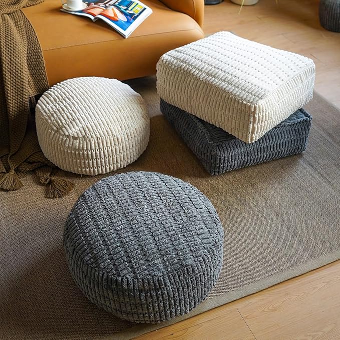 Unstuffed Pouf Ottoman Cover Soft Storage Extra Seat Farmhouse Comfortable Bohemian Poufs Accent Footrest 20x20x8 Inches for Living Room Bedroom Study Nook (Beige, Round)