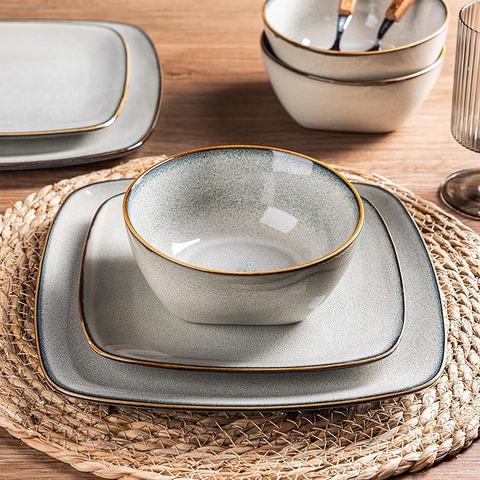 AmorArc Ceramic Dinnerware Sets for 4, 12 Pieces Square Handpainted Plates and Bowls Set, Chip and Scratch Resistant Stoneware Dishes Set, Dishwasher & Microwave Safe, Reactive Glaze
