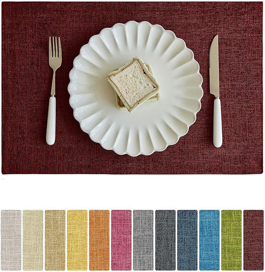 Softalker Faux Linen Placemats Set of 12-12 x 18 Inch, Heat Resistant Double Layered Durable Burlap Farmhouse Place Mats, Non-Slip Washable Rustic Table Mats for Dining, Kitchen, Party（Red