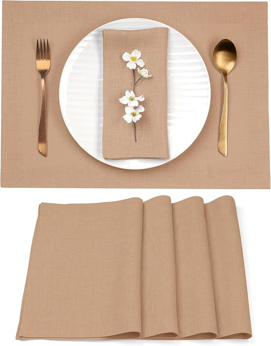 D'Moksha Homes Linen Champagne Beige Placemats Set of 4-100% Pure Linen Placemats 14 x 19 Inch for Summer - Handcrafted and Machine Washable