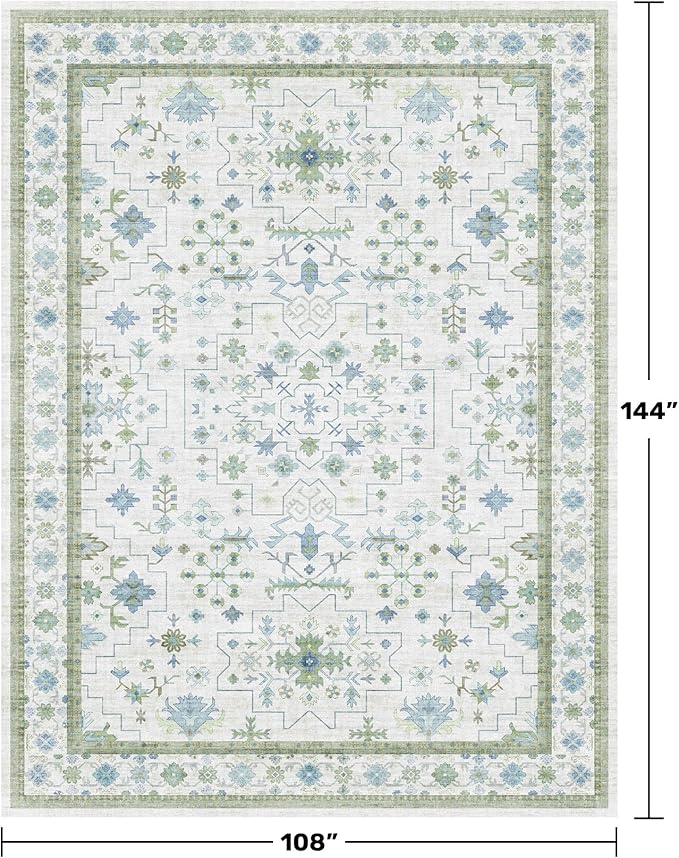 Green Area Rugs 9x12 Living Room - Washable Oriental Geometric, Extra Large for Bedroom Non Slip Soft Faux Wool Carpet for Dining Room Playroom, Lounge - Blue and Green Floral Rug