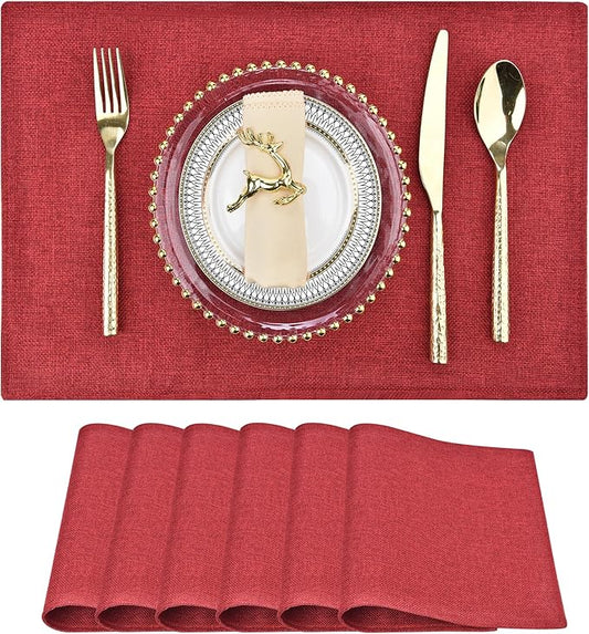 Red Christmas Placemats Set of 6 - Festive Easy to Clean Linen-Style Fabric Table Mats - Machine Washable & Heat Resistant Non-Slip Design for Thanksgiving and Holiday Dining (Red, 6)