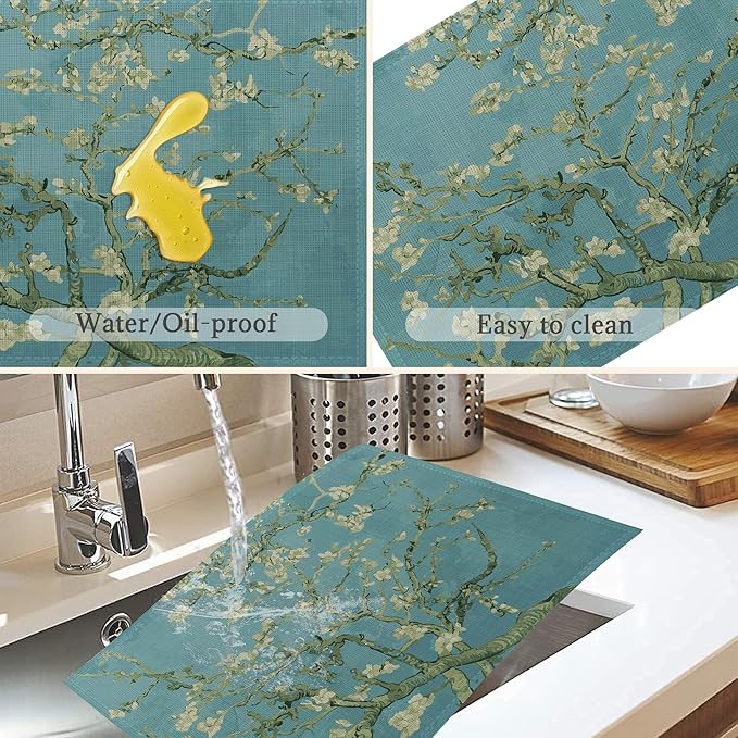 Almond Tree in Blossom Placemats Set of 6,Washable Heat Resistant 12×18 Inch Linen Table Mats Art Place Mats for Party Outdoor Dining Décor
