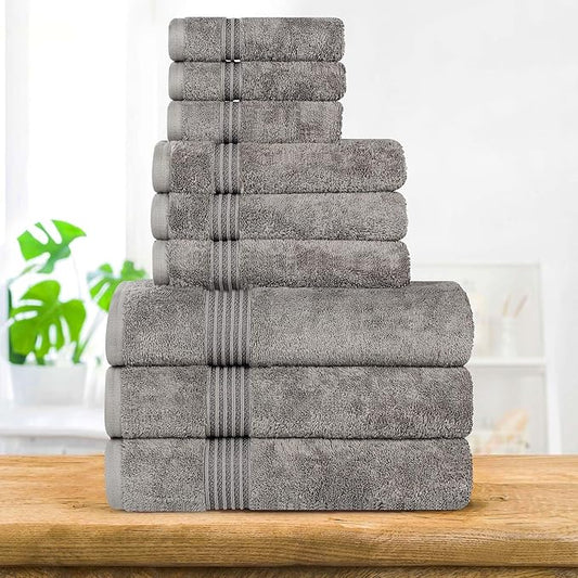 Superior Egyptian Cotton 9-Piece Towel Set, Assorted Towels for Home Bathroom, Master, Guest Bath, Decor Essentials, Includes 3 Bath, 3 Hand, 3 Face Towels/Washcloths, Quick Dry, Absorbent, Charcoal