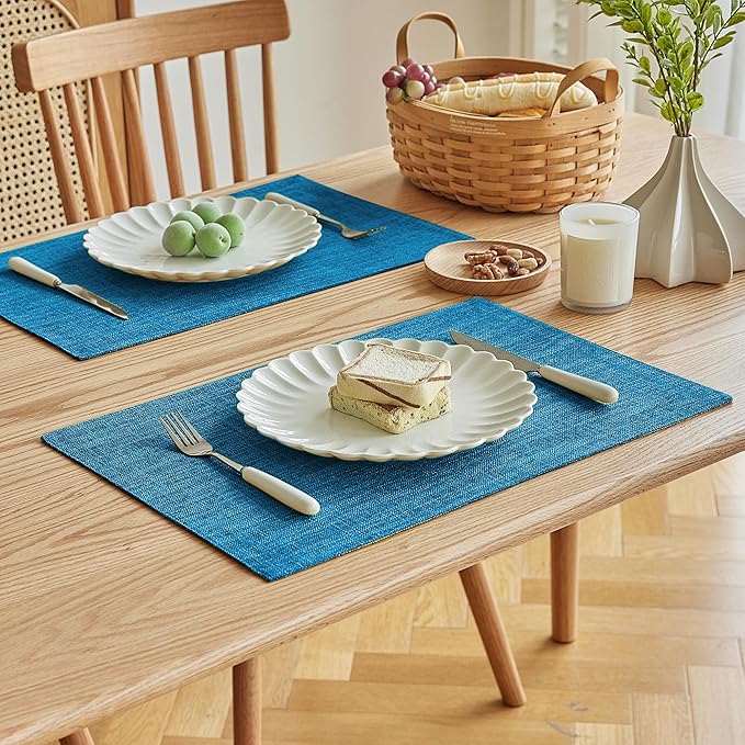 Softalker Faux Linen Placemats Set of 4-12 x 18 Inch, Heat Resistant Double Layered Durable Burlap Farmhouse Place Mats, Non-Slip Washable Rustic Table Mats for Dining, Kitchen, Party（Sky Blue