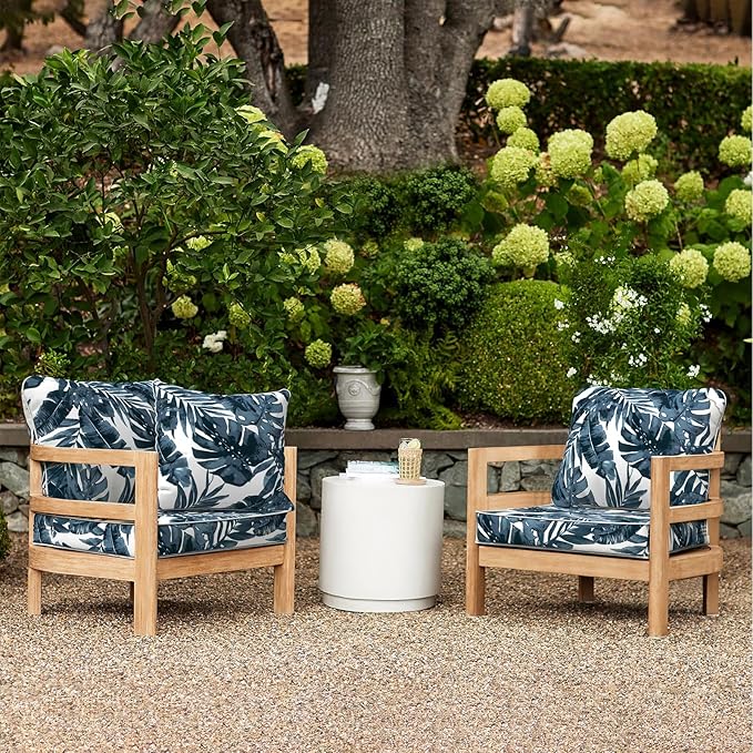 LVTXIII Outdoor Deep Seat Cushion Patio Seat and Back Cushion Set Seasonal Chair Cushion with Removable Cover and Adjustable Buckle for Home and Garden, 22"x22"x4", Palms Blue