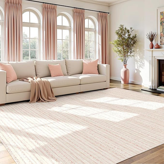 Pink Nursery Boho Area Rugs 10x14 Living Room Rugs for Living Room Moroccan Large Rug Farmhouse Washable Rug with Non-Slip Backing, Neutral Morden Indoor Carpet for Bedroom Dining Room