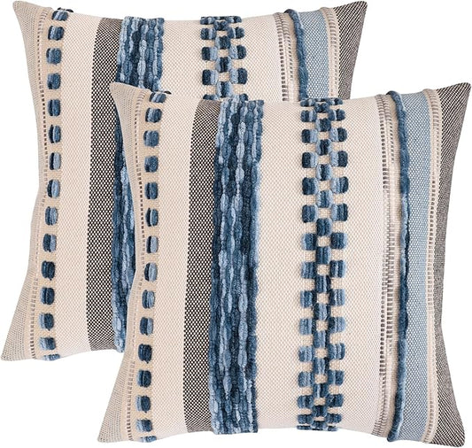 Tosleo Boho Throw Pillow Covers 18x18 Set of 2 Striped Decorative Pillow Cases Accent Chenille Pillowcases Farmhouse Cushion Case Bohemian Nuetral Textured Coastal Pillow Cover,Sky Blue