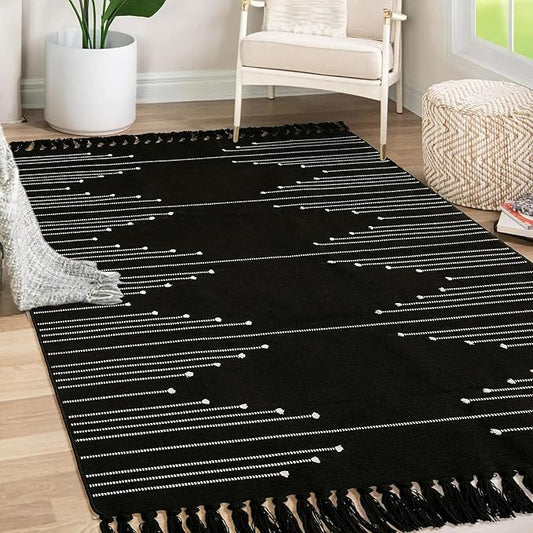 Tritard Boho Area Rug 4x6 - Woven Entryway Rugs with Tassels Farmhouse Aztec Bedroom Lightweight Throw Rugs Washable Indoor Cotton Thin Carpet for Kitchen, Bathroom, Playroom, Office, Black White