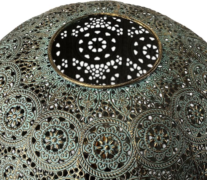 Moroccan Mosaic Table Lamp Metal Turkish Moroccan Lamp Handmade Mosaic Bedside Lamp Nightstand Lamp with Vintage Patina Green Globe Lampshade, for Bedroom Living Room Decor, Size 7" H &7.8" D