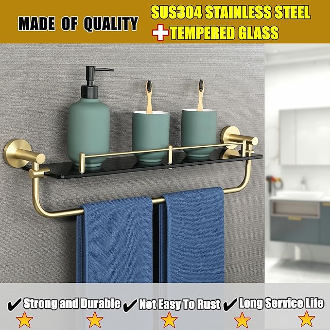 Alise Bathroom Shelves Glass Shelf with Bar,Wall Mount Floating Shelves for Bathroom,Tempered Glass Rack Holder Storage Organizer,GDL8600-GB SUS 304 Stainless Steel Gold and Black Finish