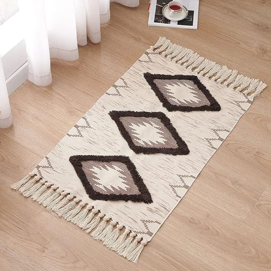 Boho Bathroom Rugs 2x3ft Farmhouse Bath Runner Rug, Small Tufted Cotton Accent Floor Mat with Tassels, Brown
