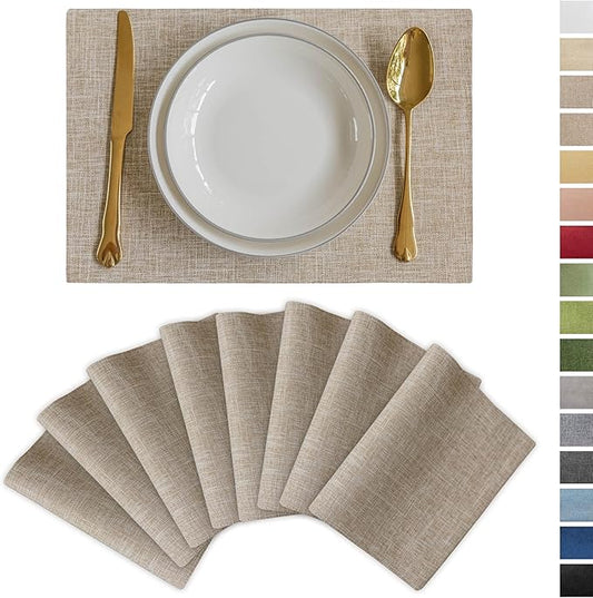 Demetex Linen Textured Placemats Set of 8 Farmhouse Table Place Mats Wipeable Heat Resistsnt Placemat for Dining Room Kitchen Restaurant, 13x19 inch, Burlap