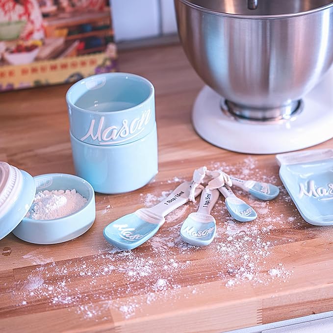 Mason Jar Ceramic Set - Cooking Utensils Set with Ceramic Jar, Measuring Cups & Spoons, Utensil Holder for Stove, and Sponge Holder Ceramic - Vintage Utensil Rest & Condiment Shakers (Blue, 17-Pieces)