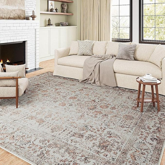 Red Area Rug 8x10 Machine Washable Large Vintage Living Room Distressed Non Slip Carpet Traditional Indoor Bedroom Retro Floral Accent Throw Rug for Office Kitchen Dining Room