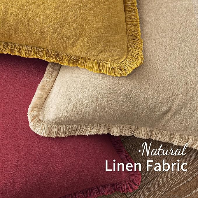 MIULEE Decorative Throw Pillow Covers Neutral Linen Fringe Throw Pillows Set of 2 Burgundy Boho Farmhouse Cushion Covers with Tassels for Couch Sofa Bed Living Room Spring Home Decor 18x18 Inch