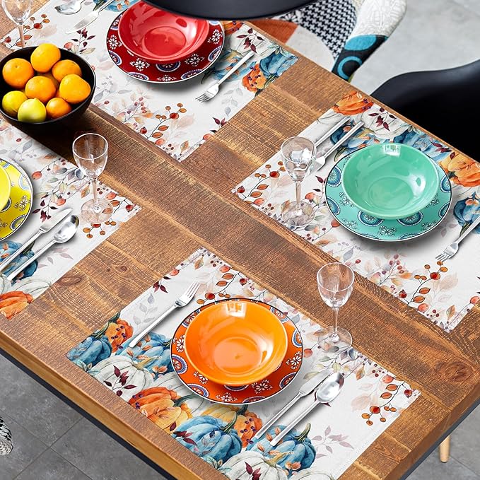 Fall Placemats for Dining Table Set of 4, Autumn Pumpkins Leaves Thanksgiving Harvest Washable Cloth Farmhouse Decorative Kitchen Table Mats 12x18 Inch for Seasonal Home Party Outdoor