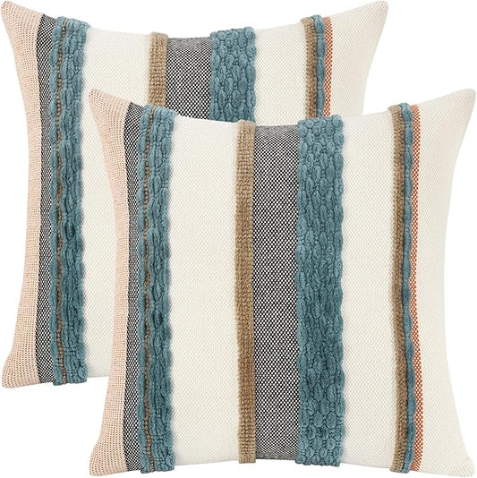 Tosleo Decorative Throw Pillow Covers 18x18 Set of 2 Boho Chenille Tufted Pillow Cover Textured Pillow Covers Striped Pillow Cases Accent Pillow Cases Farmhouse Cushion Case for Sofa Couch Bed,Blue
