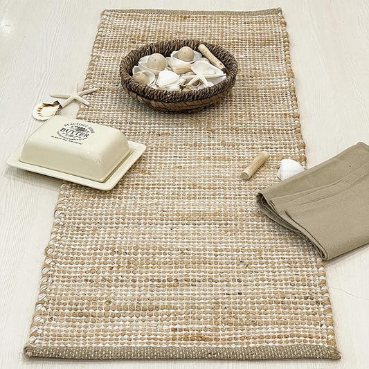 Chardin home Natural Jute Table Runner 13x48 Inch – Vintage Boho Rustic Table Decor – Handwoven Jute Table Runner in Natural and Ivory – Farmhouse Dining or Console Table Accent