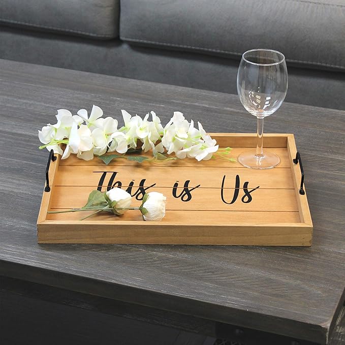 Elegant Designs HG2000-NTU Decorative Wood Serving Tray w/Handles, 15.50" x 12", This is Us, Natural Wood