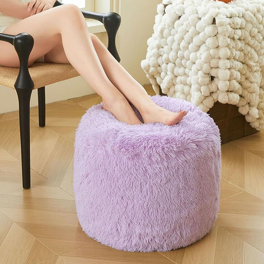 XeGe Fluffy Faux Fur Inflatable Pouf Ottoman, Soft Fuzzy Foot Stool Light Purple, Furry Footrest Floor Pouf Anti-Slip Kid Girls Adult, Foldable Round Ottoman Cushion Living Room Bedroom, Lavender
