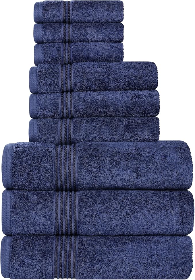 Superior Egyptian Cotton 9-Piece Towel Set, Assorted Towels for Home Bathroom, Master, Guest Bath, Decor Essentials, Includes 3 Bath, 3 Hand, 3 Face Towels/Washcloths, Quick Dry, Absorbent, Navy Blue