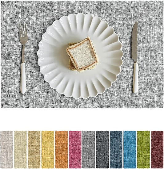Softalker Faux Linen Placemats Set of 8-12 x 18 Inch, Heat Resistant Double Layered Durable Burlap Farmhouse Place Mats, Non-Slip Washable Rustic Table Mats for Dining, Kitchen, Party（Ash Grey