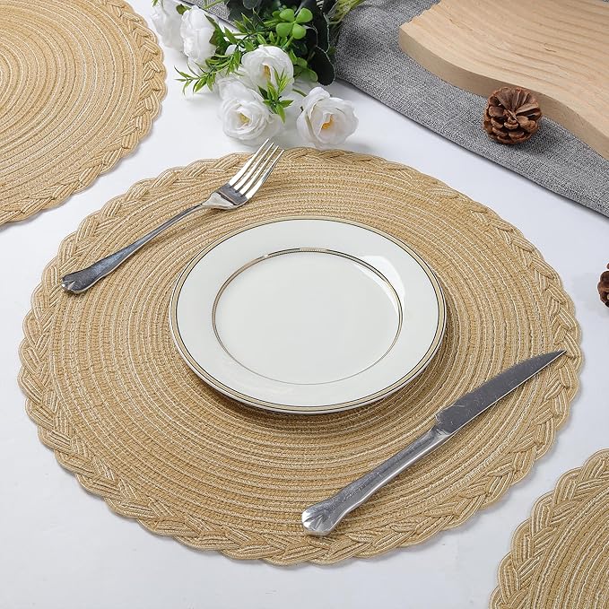 fanquare Round Woven Placemats with Braided Lace Edge 4 Pack Heat Resistant Non Slip Table Mats for Kitchen 15 Inch Cotton Blend Rustic Placemat