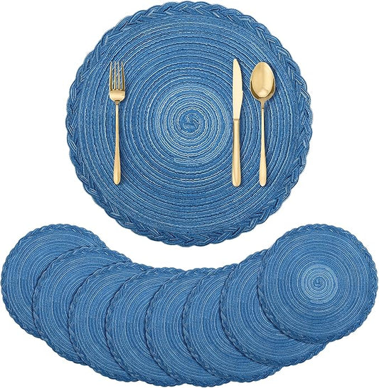 fanquare Cool Blue Round Briaded Placemats Set of 8 Heat Resistant Non Slip Placemat for Dining Table Washable No Fadding Table Mats for Long Term Use
