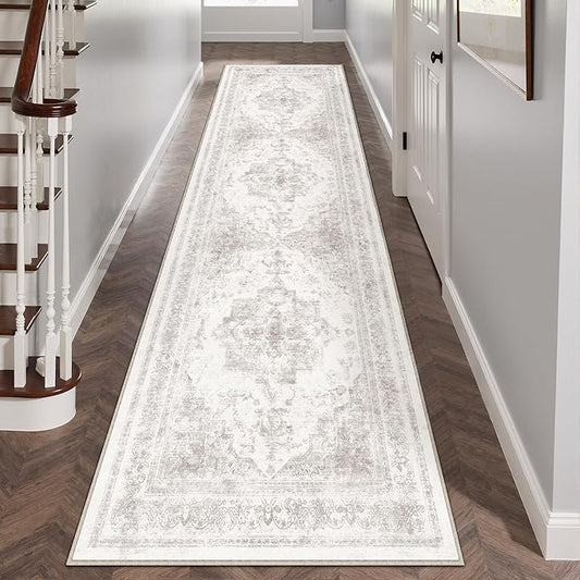Runner Rug 2x7 Washable Light Gray Hallway Runner Vintage Boho Medallion Non Slip Grey Distressed Retro Carpet Indoor Low Pile Long Soft Rug for Kitchen Entryway Bedroom Bathroom Laundry