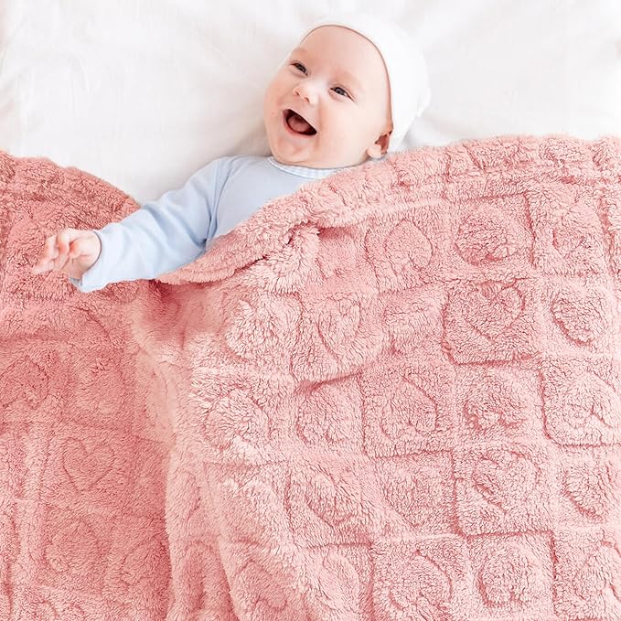 Fleece Baby Blanket Heart Checkered Blanket, Ultra Soft Cozy Baby Blankets for Girls Boys, Fluffy Infant Toddler Newborn Receiving Blankets for Crib Stroller 30”×40” (Dark Pink)