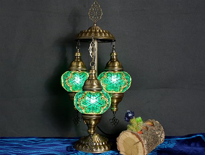 mozaist 3 Globe Mosaic Tiffany Style Table Lamp, Stained Glass Turkish Handcraft Desk Light, Bohemian Vintage Guestroom, Study Room Decorative Teal Lighting with US Plug & E12 Socket(Turquoise Green)