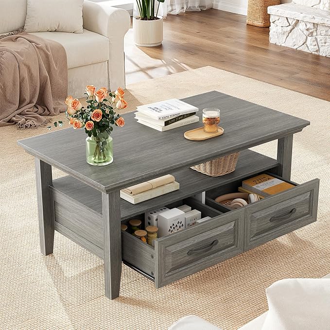 Marsail Farmhouse Coffee Table with Storage, 39.4" Wood Coffee Table for Living Room, Rustic Center Table with 2 Drawers, Open Display Area, Grey