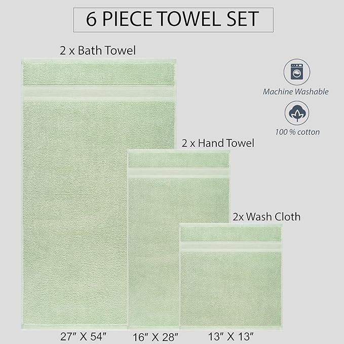 Quick-Dry, Soft & High Absorbent Bath Towels Cotton Turkish Bath Towel Set of 6 | Daily Use 100% Cotton Towels for Bathroom, Gym & More | Bathroom Towels Set (6 Pcs, Green)