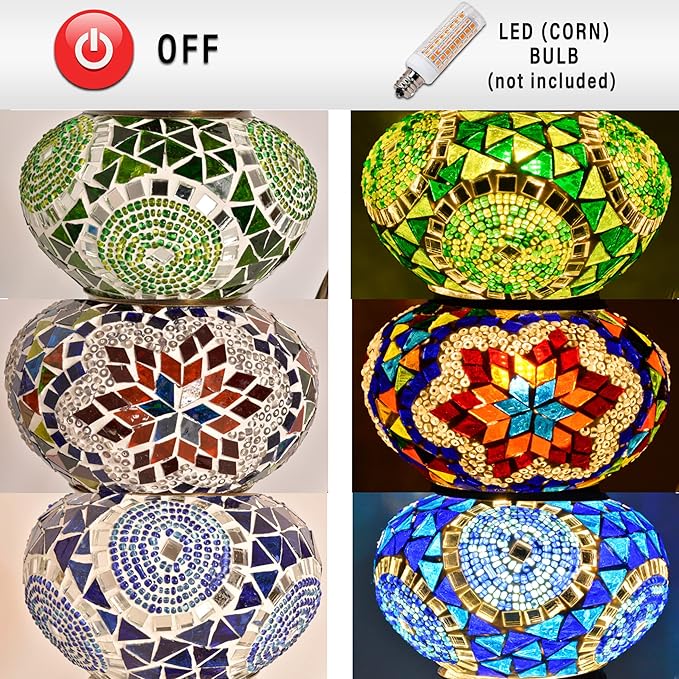 Mozaiist Anatolian Star Turkish Mosaic Glass Table Lamp, Metal Base, 3 Globe
