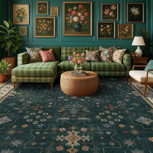 Dark Green Oushak Living Room Rug 10x14 - Modern Vintage Boho Eclectic Floral Pastel, Washable Low Pile Non-Slip Extra Large Area Rugs for Dining Under Table Bedroom Lounge