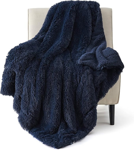 Bedsure Fluffy Navy Blue Throw Blanket Gifts for Women, Men, Soft Fleece Cozy Fuzzy Sherpa Plush Warm Minky Thick Faux Fur Throws for Couch, Navy Blue Decor House Blanket Gifts for Her, 50x60