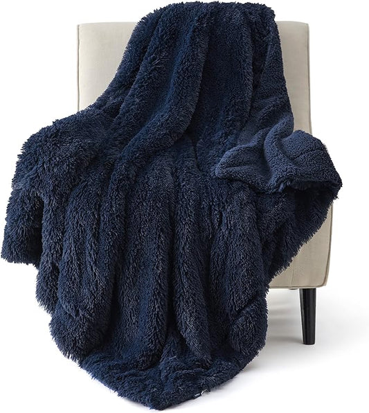 Bedsure Fuzzy Sherpa Faux Fur Twin Blanket Navy Blue Cozy Gifts for Women Men, Soft Fleece Plush Warm Minky Thick Blanket Twin Size for Bed, Room Decor Dorm Essentials Blue Decor Gifts, 60x80