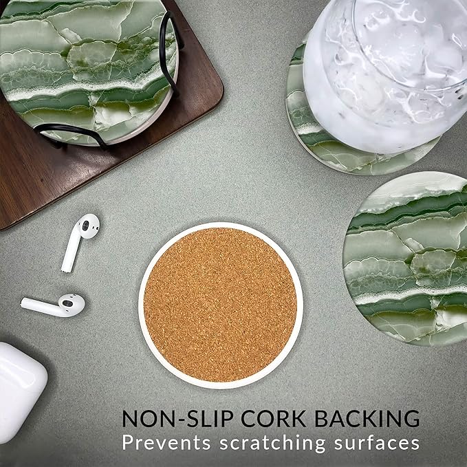 Emerson Coasters for Drinks Absorbent – Natural Stone Drink Coasters Set with Holder, Coasters for Coffee Table, Wooden Tabletop Protection Marble Style – 100% Heavy Duty Set of 6 (Green Onyx)