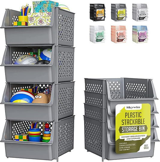Skywin TidyFriend Stackable Storage Bins for Pantry, 4 Pack Stackable Bins For Organizing Food, Kitchen, and Bathroom Essentials (Grey)
