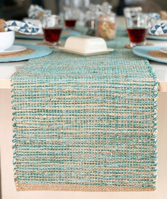 Chardin home Natural Jute Table Runner 13x90 Inch – Vintage Boho Rustic Table Decor – Handwoven Jute Table Runner in Natural and Aqua – Farmhouse Dining or Console Table Accent