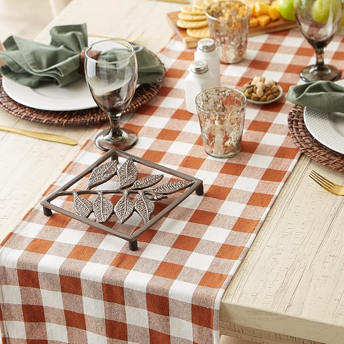 DII Heavyweight Fringed Check Tabletop Collection, Table Runner, 14x72, Cinnamon