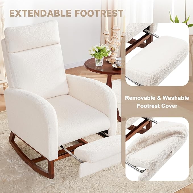 Rocking Chair Nursery Chair with Foot Rest, Nursery Rocking Chairs with High Back, Glider Rocking Chair with Pocket, Baby Nursery Glider Rocker, Nursing Chair Accent Living Room (Teddy, Ivory)