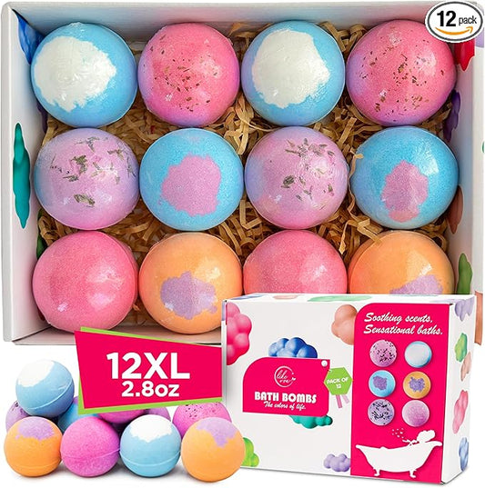 12 Extra Large Organic Bath Bombs for Women Men - Shea Butter & Essential Oil Infused, Moisturizing, Scented, Shower Lush Bathbombs kit for Girls, Bath Balls - Bath tub Accessories for Women