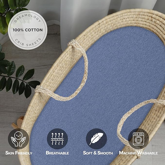 Bassinet Sheet, 100% Cotton Knitted Jersey, Fit Bassinet Crib Mattresses, Fitted Crib Sheets, Super Soft, Toddler Fitted Sheet, Unisex,2 Pack,Dino/Denim Blue, 17x32x4
