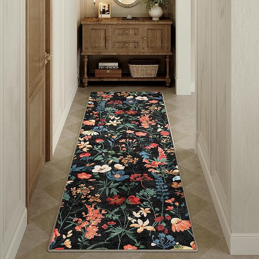 Floral Runner Rug 2x7 Washable Hallway Long Black Bedroom Carpet Non Slip Indoor Boho Kitchen Low Pile Accent Rug Lightweight Soft for Bathroom Dining Laundry Living Room